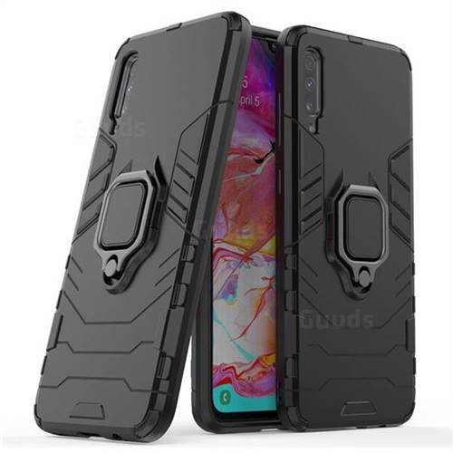 Black Panther Armor Metal Ring Grip Shockproof Dual Layer Rugged Hard Cover for Samsung Galaxy A70 - Black