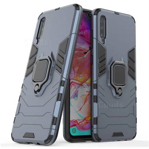 Black Panther Armor Metal Ring Grip Shockproof Dual Layer Rugged Hard Cover for Samsung Galaxy A70 - Blue