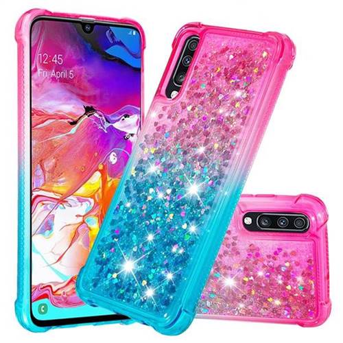Rainbow Gradient Liquid Glitter Quicksand Sequins Phone Case for Samsung Galaxy A70 - Pink Blue
