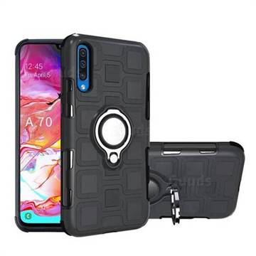 Ice Cube Shockproof PC + Silicon Invisible Ring Holder Phone Case for Samsung Galaxy A70 - Black