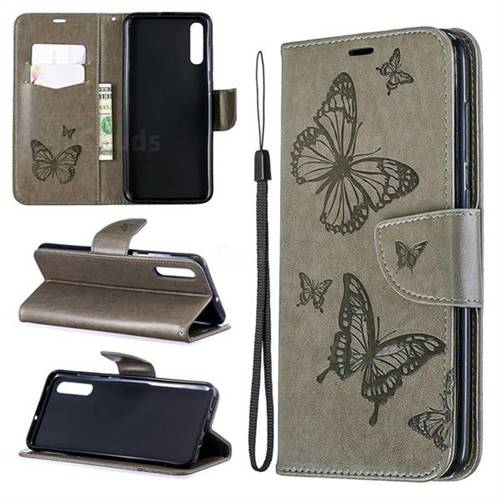 Embossing Double Butterfly Leather Wallet Case for Samsung Galaxy A70 - Gray