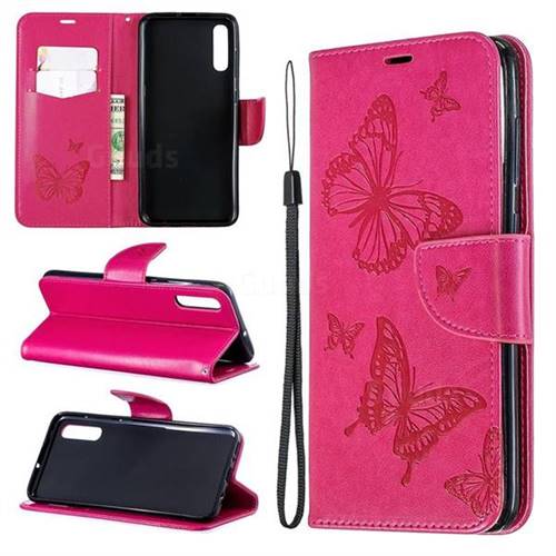 Embossing Double Butterfly Leather Wallet Case for Samsung Galaxy A70 - Red