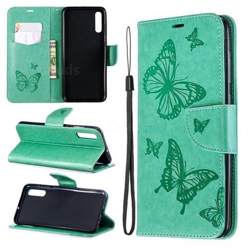 Embossing Double Butterfly Leather Wallet Case for Samsung Galaxy A70 - Green