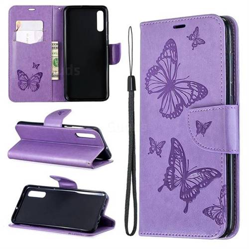 Embossing Double Butterfly Leather Wallet Case for Samsung Galaxy A70 - Purple