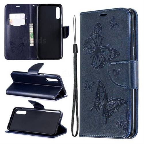 Embossing Double Butterfly Leather Wallet Case for Samsung Galaxy A70 - Dark Blue