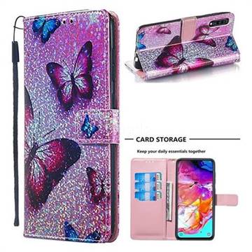 Blue Butterfly Sequins Painted Leather Wallet Case for Samsung Galaxy A70