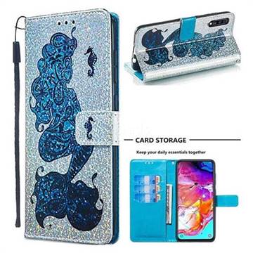 Mermaid Seahorse Sequins Painted Leather Wallet Case for Samsung Galaxy A70