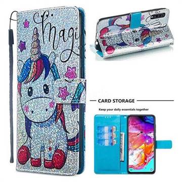 Star Unicorn Sequins Painted Leather Wallet Case for Samsung Galaxy A70