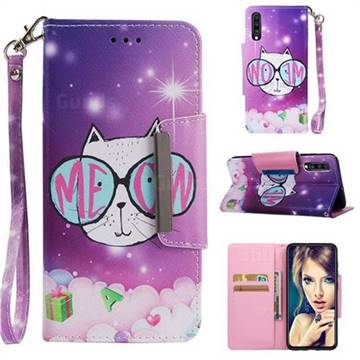 Glasses Cat Big Metal Buckle PU Leather Wallet Phone Case for Samsung Galaxy A70