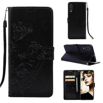 Embossing Butterfly Flower Leather Wallet Case for Samsung Galaxy A70 - Black