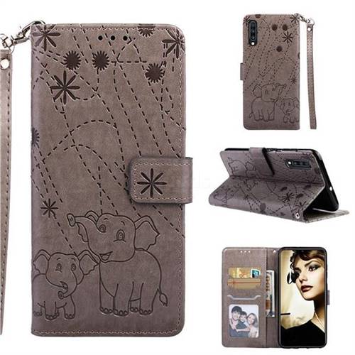 Embossing Fireworks Elephant Leather Wallet Case for Samsung Galaxy A70 - Gray