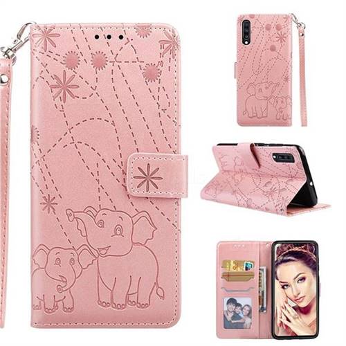 Embossing Fireworks Elephant Leather Wallet Case for Samsung Galaxy A70 - Rose Gold