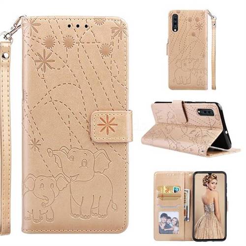 Embossing Fireworks Elephant Leather Wallet Case for Samsung Galaxy A70 - Golden