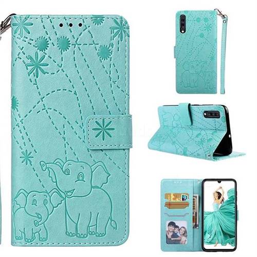 Embossing Fireworks Elephant Leather Wallet Case for Samsung Galaxy A70 - Green