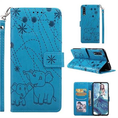 Embossing Fireworks Elephant Leather Wallet Case for Samsung Galaxy A70 - Blue