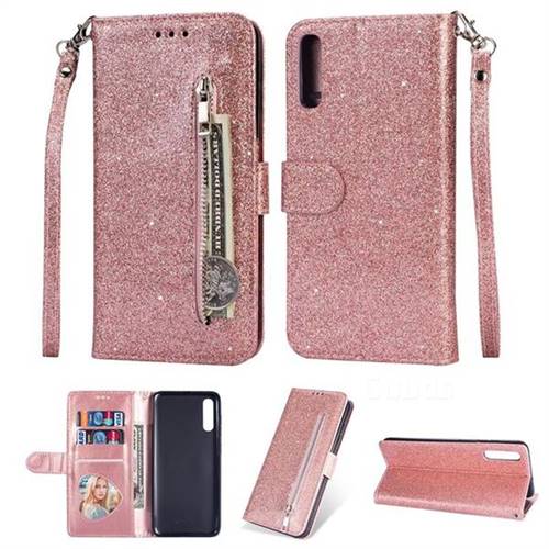 Glitter Shine Leather Zipper Wallet Phone Case for Samsung Galaxy A70 - Pink