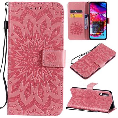 Embossing Sunflower Leather Wallet Case for Samsung Galaxy A70 - Pink