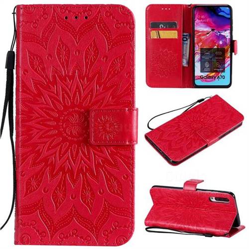 Embossing Sunflower Leather Wallet Case for Samsung Galaxy A70 - Red