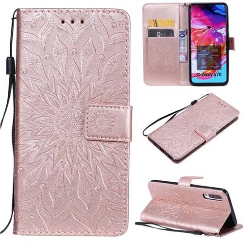 Embossing Sunflower Leather Wallet Case for Samsung Galaxy A70 - Rose Gold