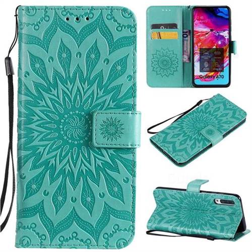 Embossing Sunflower Leather Wallet Case for Samsung Galaxy A70 - Green