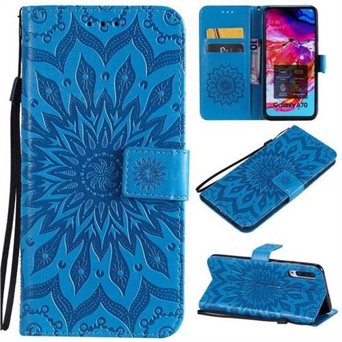 Embossing Sunflower Leather Wallet Case for Samsung Galaxy A70 - Blue