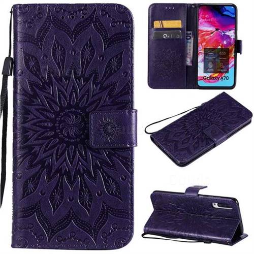 Embossing Sunflower Leather Wallet Case for Samsung Galaxy A70 - Purple