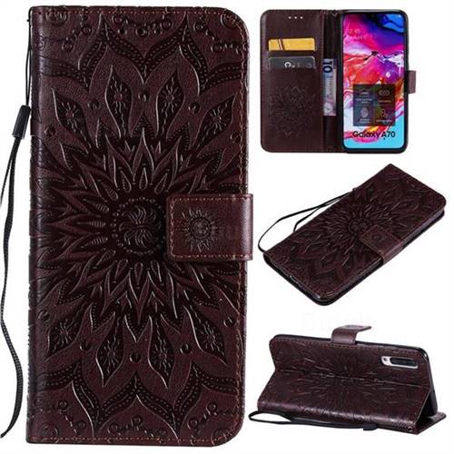 Embossing Sunflower Leather Wallet Case for Samsung Galaxy A70 - Brown