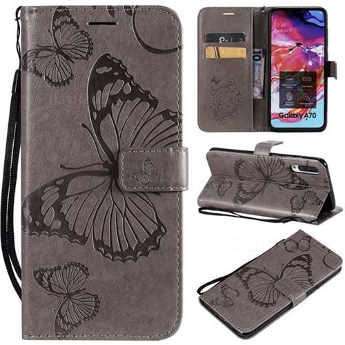 Embossing 3D Butterfly Leather Wallet Case for Samsung Galaxy A70 - Gray