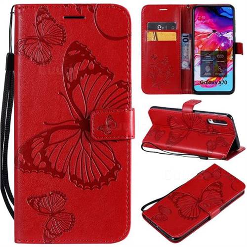 Embossing 3D Butterfly Leather Wallet Case for Samsung Galaxy A70 - Red