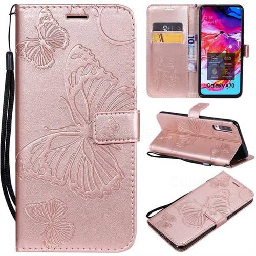 Embossing 3D Butterfly Leather Wallet Case for Samsung Galaxy A70 - Rose Gold
