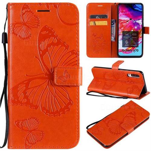 Embossing 3D Butterfly Leather Wallet Case for Samsung Galaxy A70 - Orange