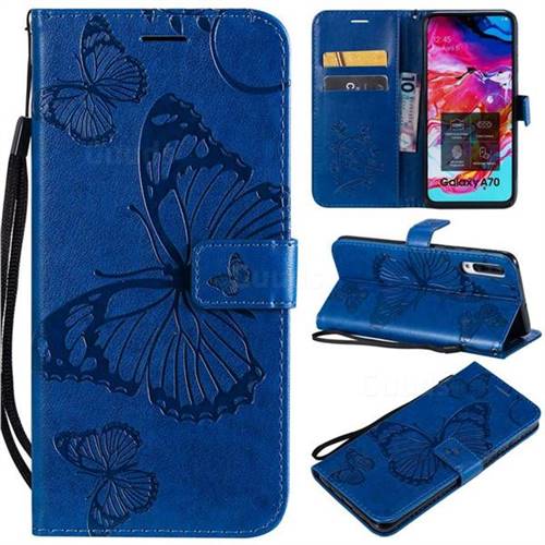 Embossing 3D Butterfly Leather Wallet Case for Samsung Galaxy A70 - Blue