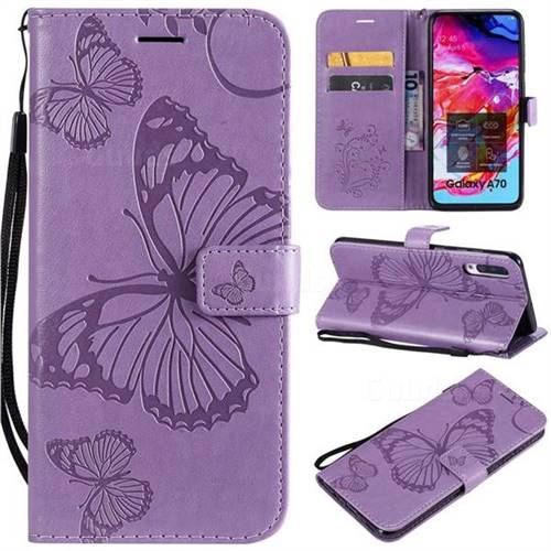Embossing 3D Butterfly Leather Wallet Case for Samsung Galaxy A70 - Purple