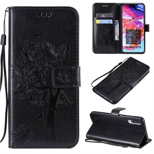 Embossing Butterfly Tree Leather Wallet Case for Samsung Galaxy A70 - Black