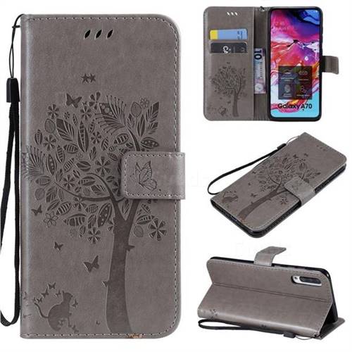 Embossing Butterfly Tree Leather Wallet Case for Samsung Galaxy A70 - Grey