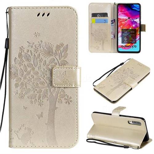 Embossing Butterfly Tree Leather Wallet Case for Samsung Galaxy A70 - Champagne