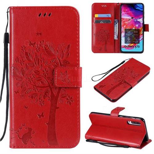 Embossing Butterfly Tree Leather Wallet Case for Samsung Galaxy A70 - Red