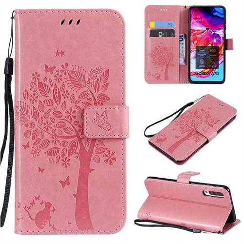 Embossing Butterfly Tree Leather Wallet Case for Samsung Galaxy A70 - Pink