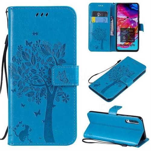 Embossing Butterfly Tree Leather Wallet Case for Samsung Galaxy A70 - Blue