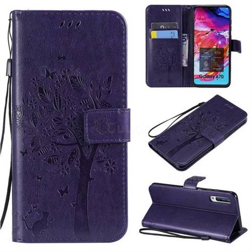 Embossing Butterfly Tree Leather Wallet Case for Samsung Galaxy A70 - Purple