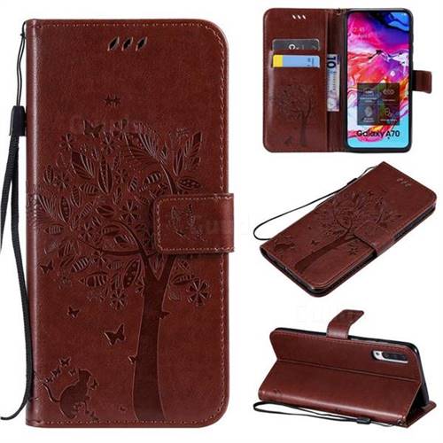 Embossing Butterfly Tree Leather Wallet Case for Samsung Galaxy A70 - Coffee