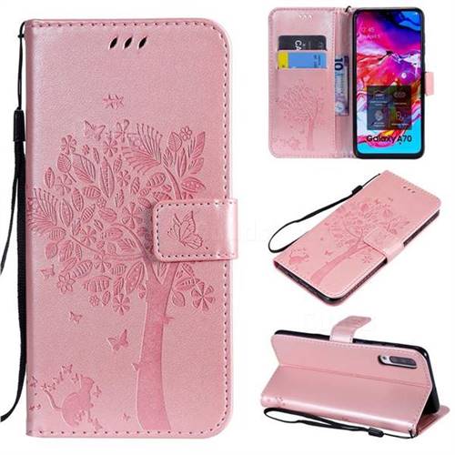 Embossing Butterfly Tree Leather Wallet Case for Samsung Galaxy A70 - Rose Pink