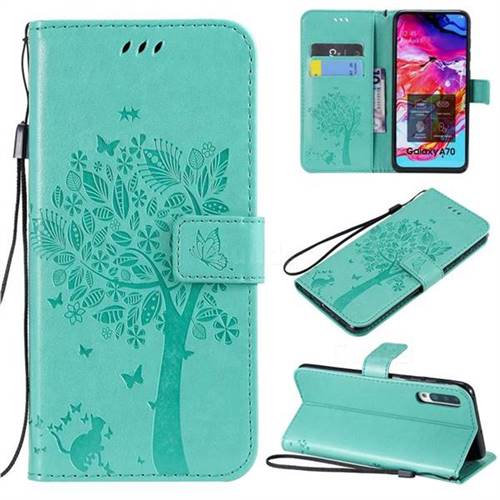 Embossing Butterfly Tree Leather Wallet Case for Samsung Galaxy A70 - Cyan