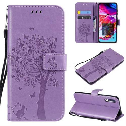 Embossing Butterfly Tree Leather Wallet Case for Samsung Galaxy A70 - Violet
