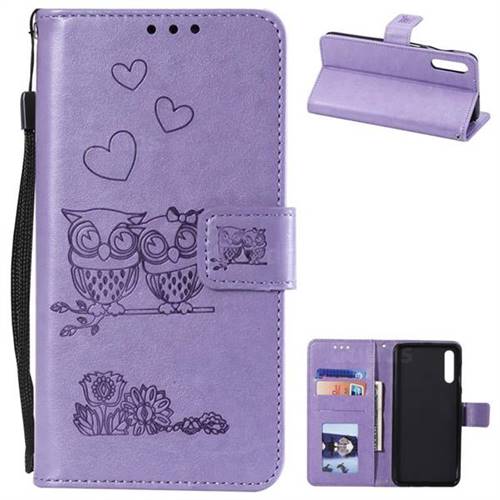 Embossing Owl Couple Flower Leather Wallet Case for Samsung Galaxy A70 - Purple