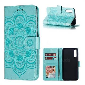 Intricate Embossing Datura Solar Leather Wallet Case for Samsung Galaxy A70 - Green