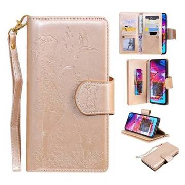 Embossing Cat Girl 9 Card Leather Wallet Case for Samsung Galaxy A70 - Gold