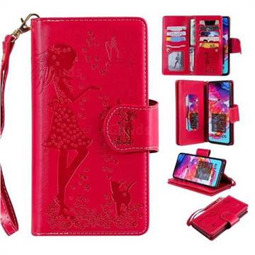 Embossing Cat Girl 9 Card Leather Wallet Case for Samsung Galaxy A70 - Red