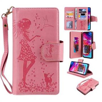 Embossing Cat Girl 9 Card Leather Wallet Case for Samsung Galaxy A70 - Pink