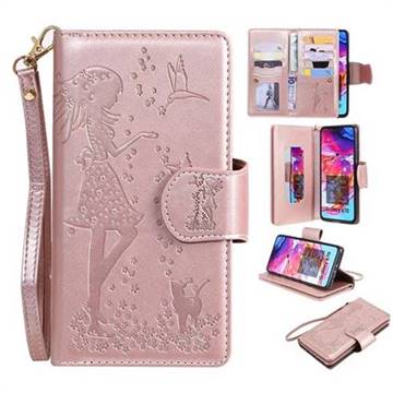 Embossing Cat Girl 9 Card Leather Wallet Case for Samsung Galaxy A70 - Rose Gold